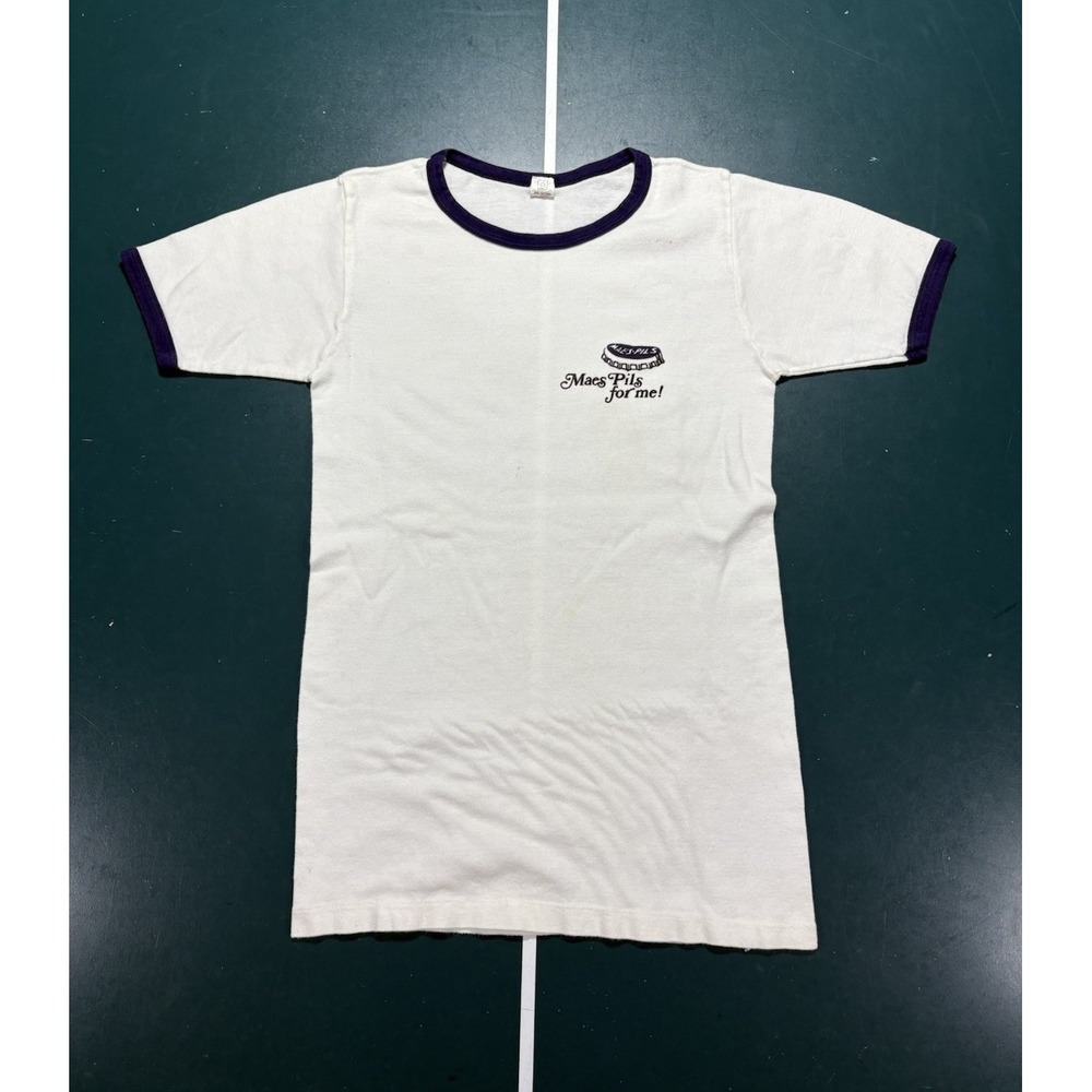 Vintage 70s Maes Pils Beer Ringer Tee Shirt Small White USA Belgian Retro Promo